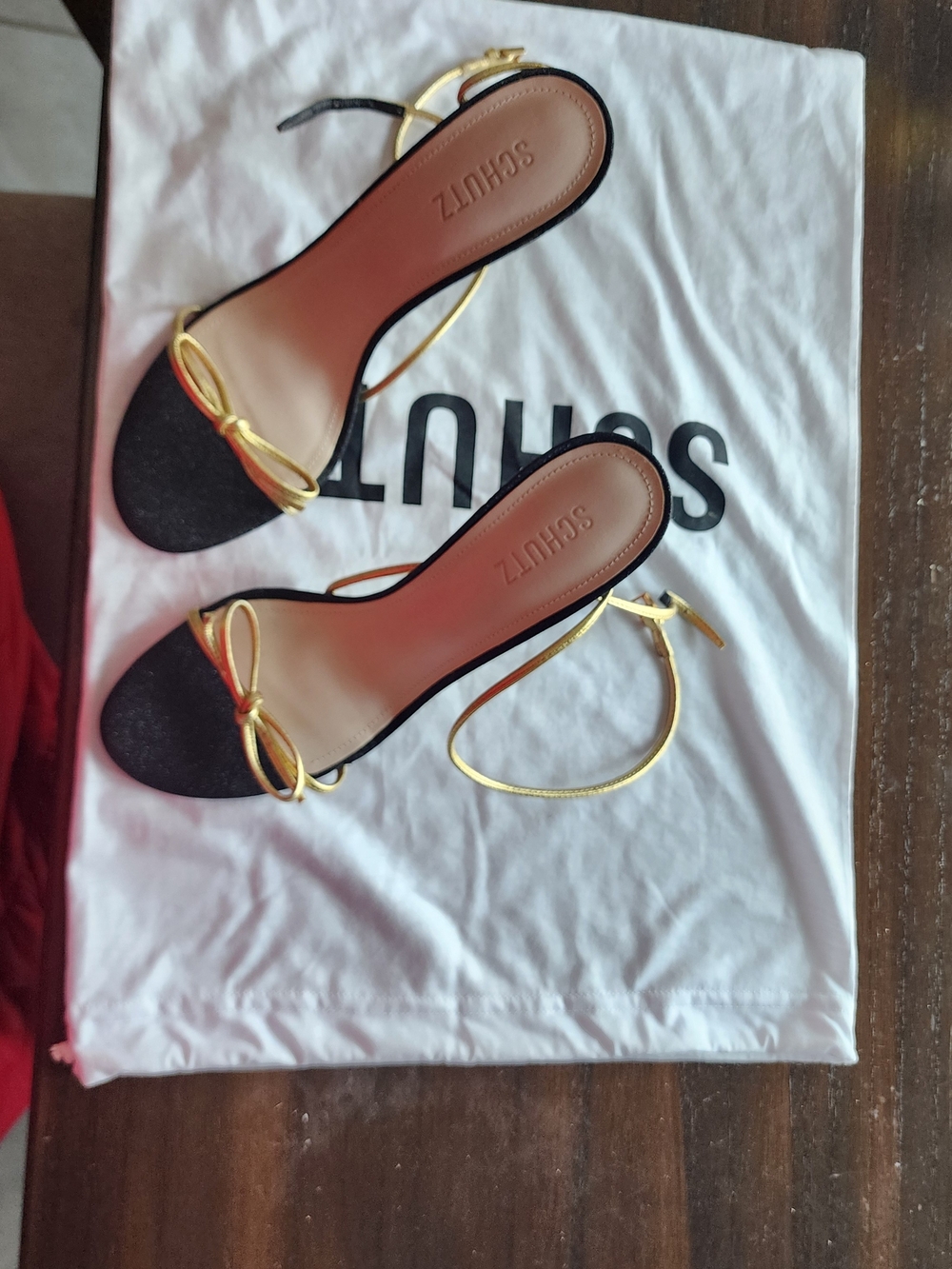 Schutz Black Heeled Sandals with Gold Bow and Ankle Tie - Picture 5 of 10